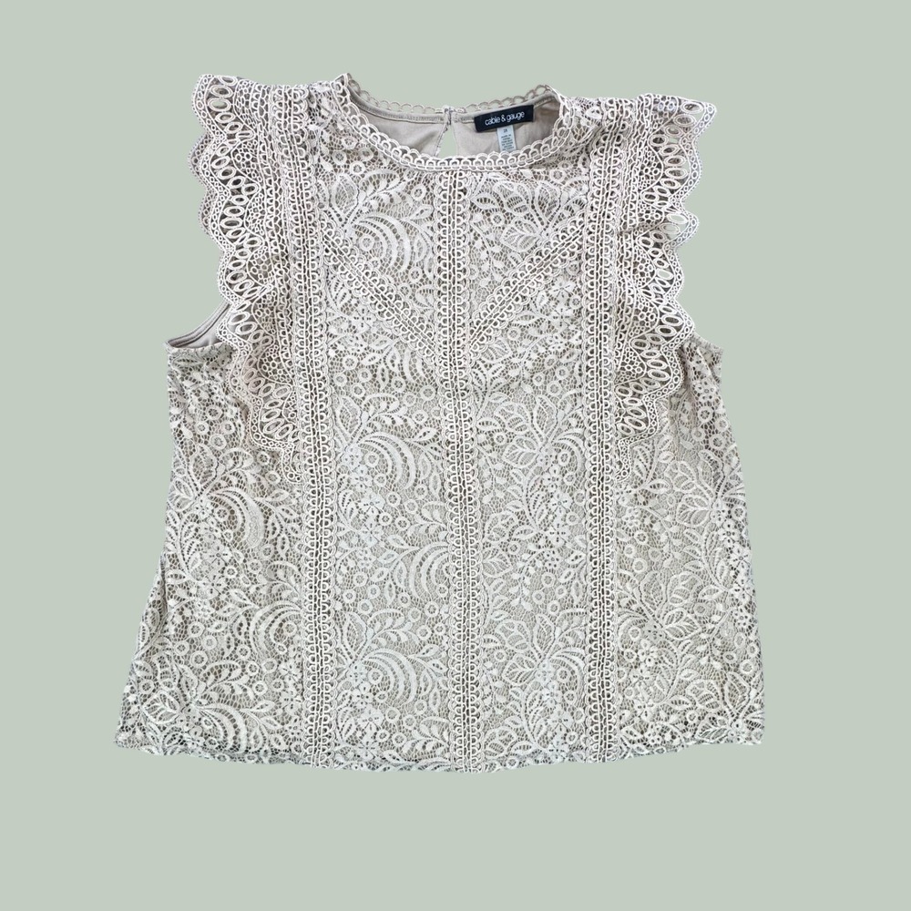 Cable & Gauge Tan Lace Ruffled Flutter Sleeve Top Plus 2X Boho Cottagecore